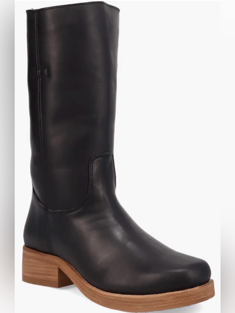 Dingo Black Leather Mid-Calf Boots with Wood-Tone Block Heel